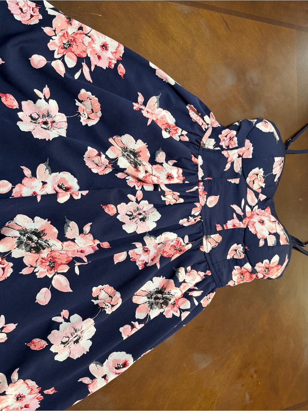 Navy Floral Spaghetti-Strap Mini Dress with Pink Blossoms